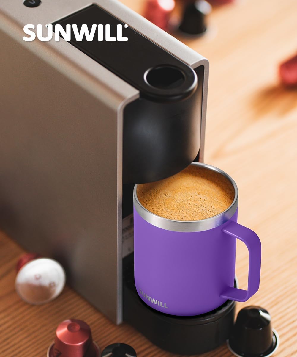 SUNWILL Travel Coffee Mug with Lid, Insulated Tumbler with Handle, 14 oz Stainless Steel Cup for Ice, Water, Tea, Rose Gold
