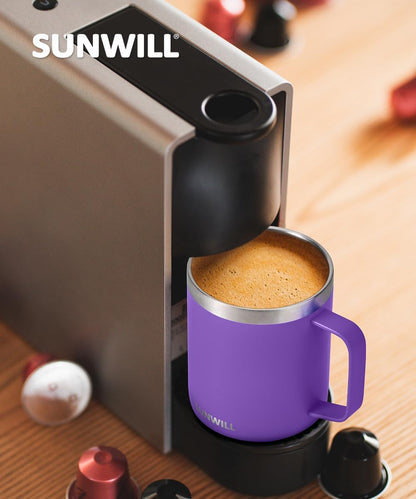 SUNWILL Travel Coffee Mug with Lid, Insulated Tumbler with Handle, 14 oz Stainless Steel Cup for Ice, Water, Tea, Rose Gold