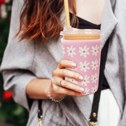 Reusable Insulated Neoprene Iced Coffee Cup Sleeve, Durable Drink Sleeve for Cold Beverages, Beverage Holder for Iced Coffee, Floral Checkers