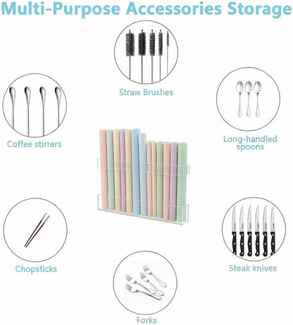9.5” Large Acrylic Cabinet Straw & Utensil Organizer – Adjustable, Multipurpose Kitchen Storage for Reusable Straws, Brushes, Chopsticks – Ultra-Sticky & Drainable