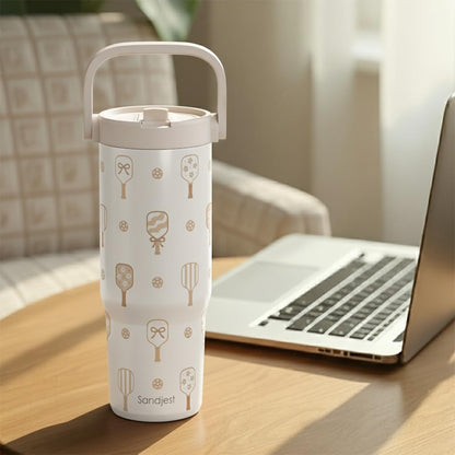 SANDJEST Leopard Skin Stainless Steel Straw Lid Tumbler 30oz with Carry Handle for Women Girls, Insulated Travel Coffee Cup, Gift for Sports Outdoor Workout Christmas Birthday (Beige)