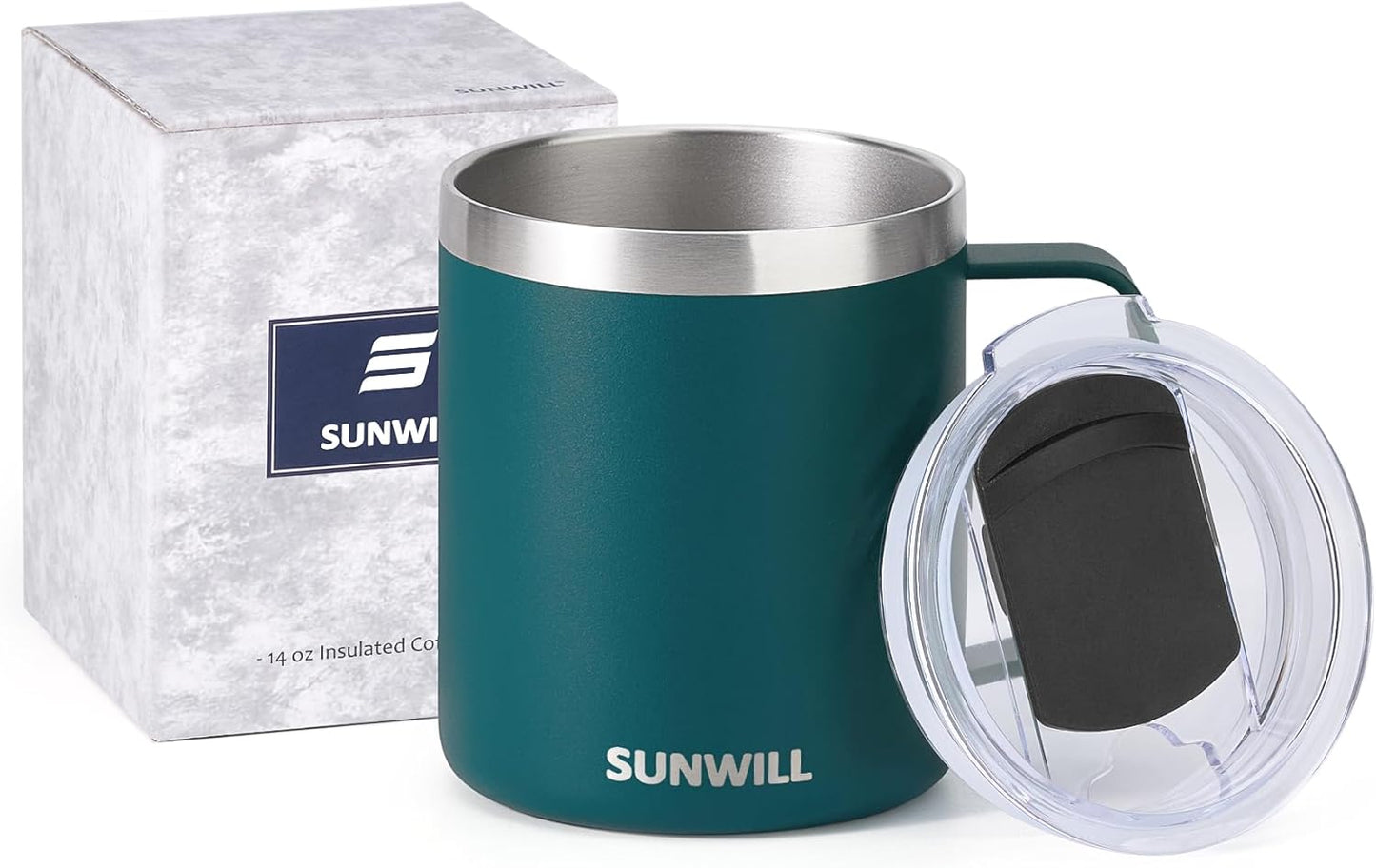 SUNWILL Travel Coffee Mug with Lid, Insulated Tumbler with Handle, 14 oz Stainless Steel Cup for Ice, Water, Tea, Rose Gold