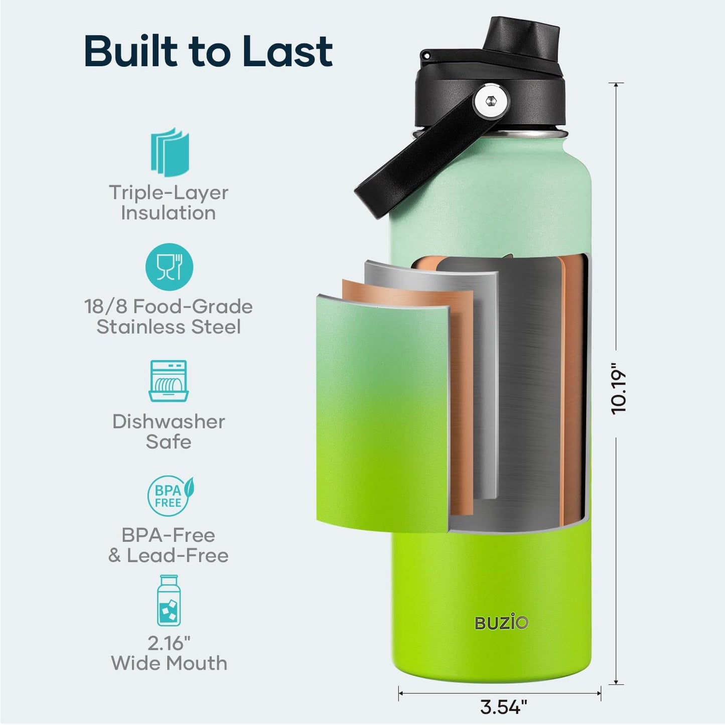 BUZIO 40oz Insulated Water Bottle, Triple Wall Vacuum Stainless Steel Water Flask with 2 lids, Lead-Free BPA-Free Straw Lid Sports Canteen Jug, Cold 48H & Hot 24H- Black - Colors A