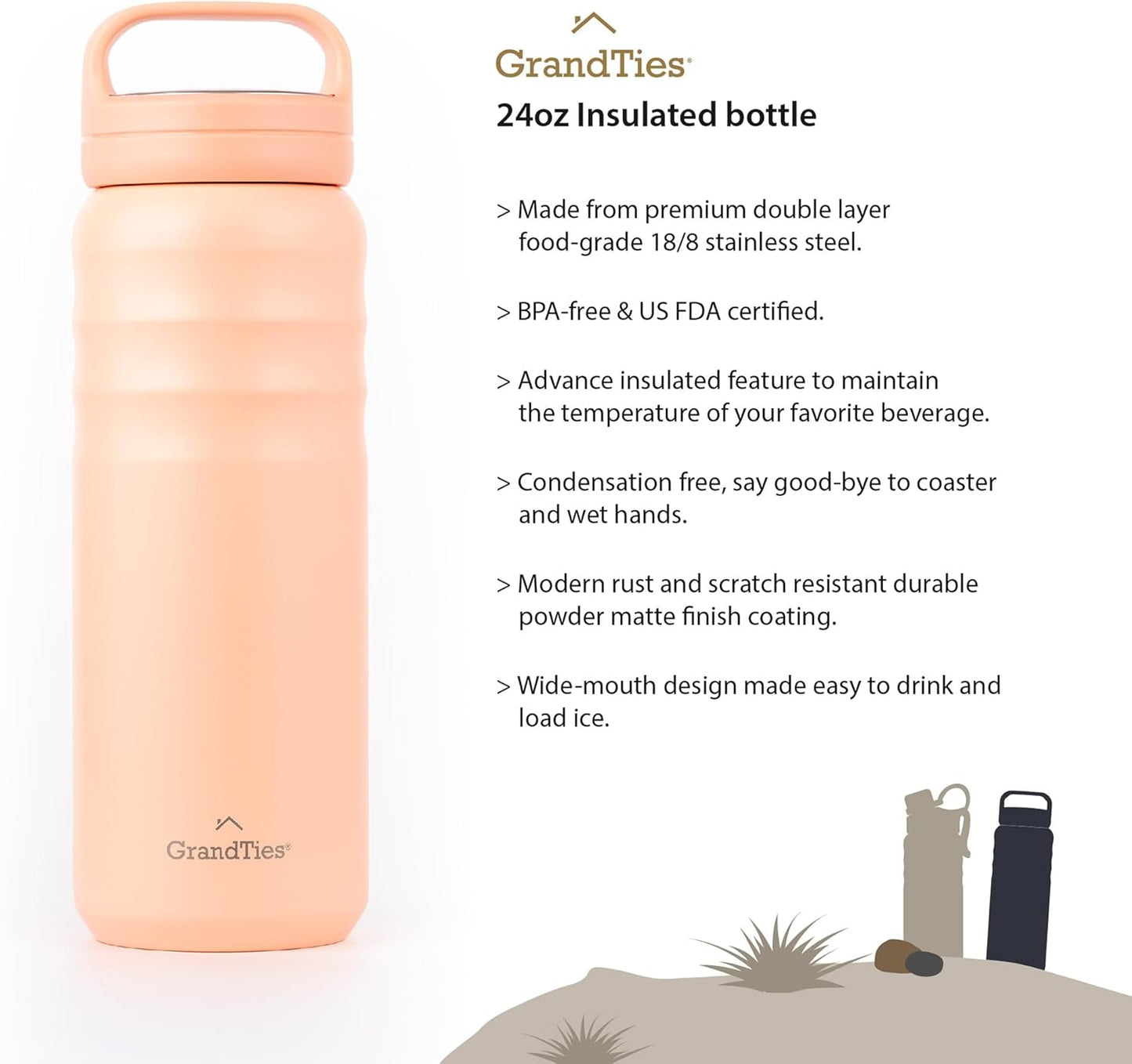 GRANDTIES 2 Lids Sports Stainless Steel Water Bottles – Wide Mouth Vacuum Insulated Reusable Leak Proof BPA-Free Travel Metal Canteen, Thermal Bottles for Men Women Gym (Ivory White 32 oz)