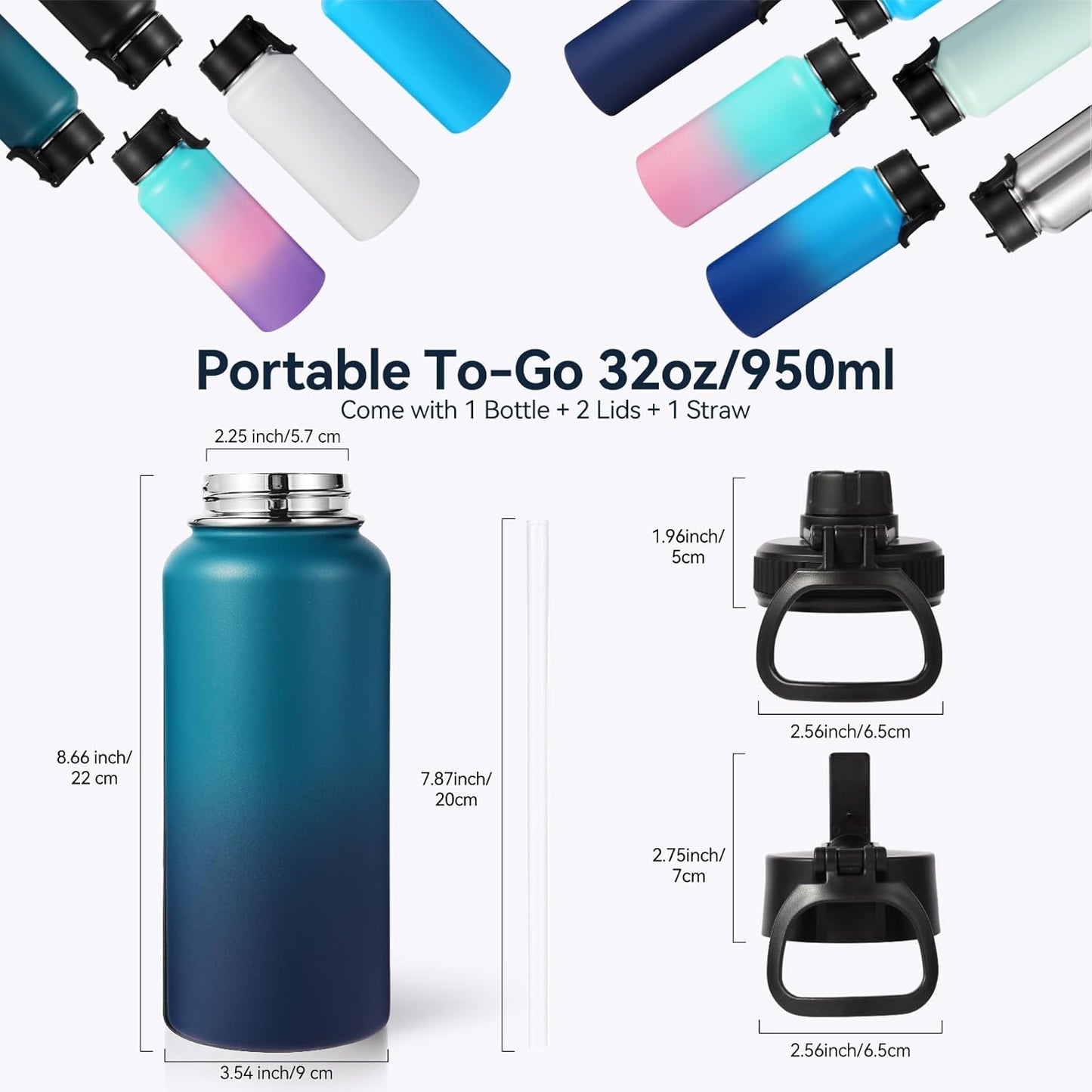 Neihepal 32 oz Insulated Water Bottle with 2 Lids (Straw & Spout Lid), 18/8 Stainless Steel Double Wall Water Bottles for Gym, Travel, Camping, Sports (Silver,1 Pack)