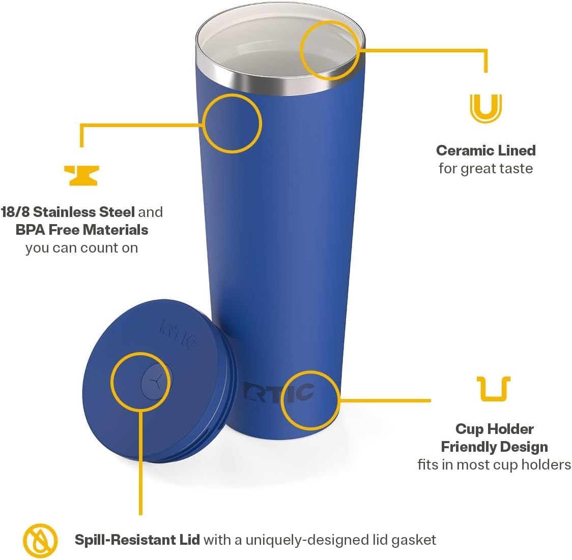RTIC 20oz Everyday Tumbler Insulated Stainless Steel Portable Travel Coffee Cup with Straw, Ceramic Lining, Spill-Resistant Lid, BPA-Free, Hot and Cold Drink, Beach