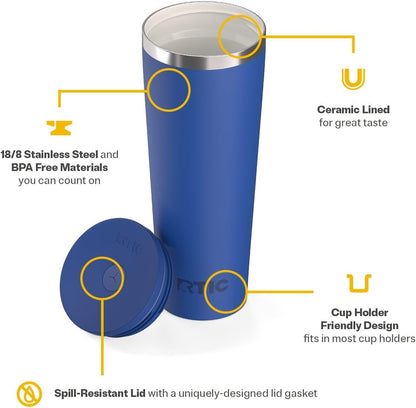 RTIC 20oz Everyday Tumbler Insulated Stainless Steel Portable Travel Coffee Cup with Straw, Ceramic Lining, Spill-Resistant Lid, BPA-Free, Hot and Cold Drink, Beach