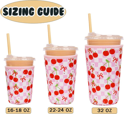 Reusable Insulated Neoprene Iced Coffee Cup Sleeve, Durable Drink Sleeve for Cold Beverages, Beverage Holder for Iced Coffee, Floral Checkers