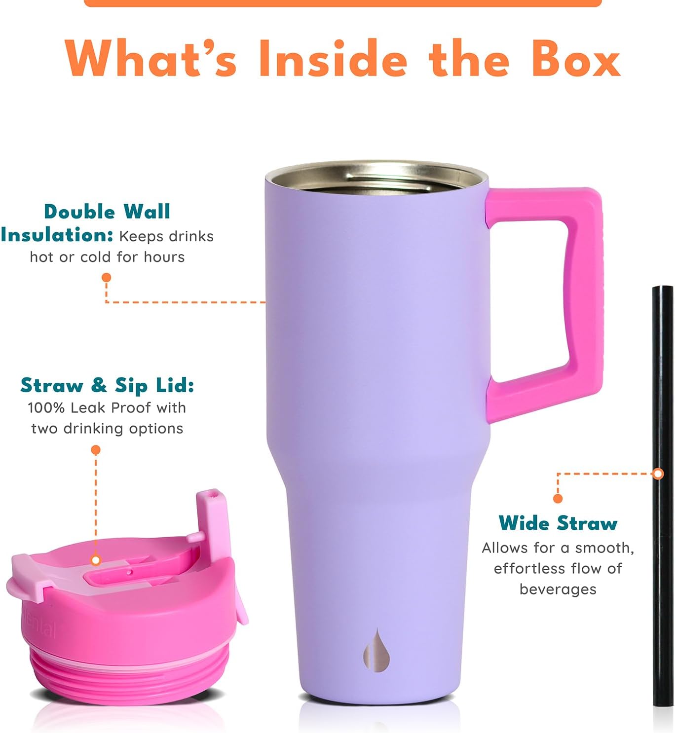 Elemental 32 oz 100% Leak Proof Tumbler with Handle & Straw - Stainless Steel Double Wall Insulated Tumbler for Hot and Cold Beverages - Travel Coffee Mug with Sip & Straw Lid - White - Colors B