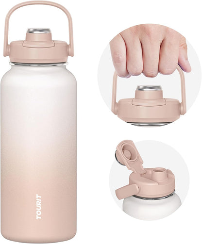 TOURIT 32 oz Insulated Water Bottle, Stainless Steel Sports Water Bottles With Top Handle, Double-Wall Travel Thermal Water Flask, BPA Free Leakproof Water Bottle for Sports and Travel,Pink