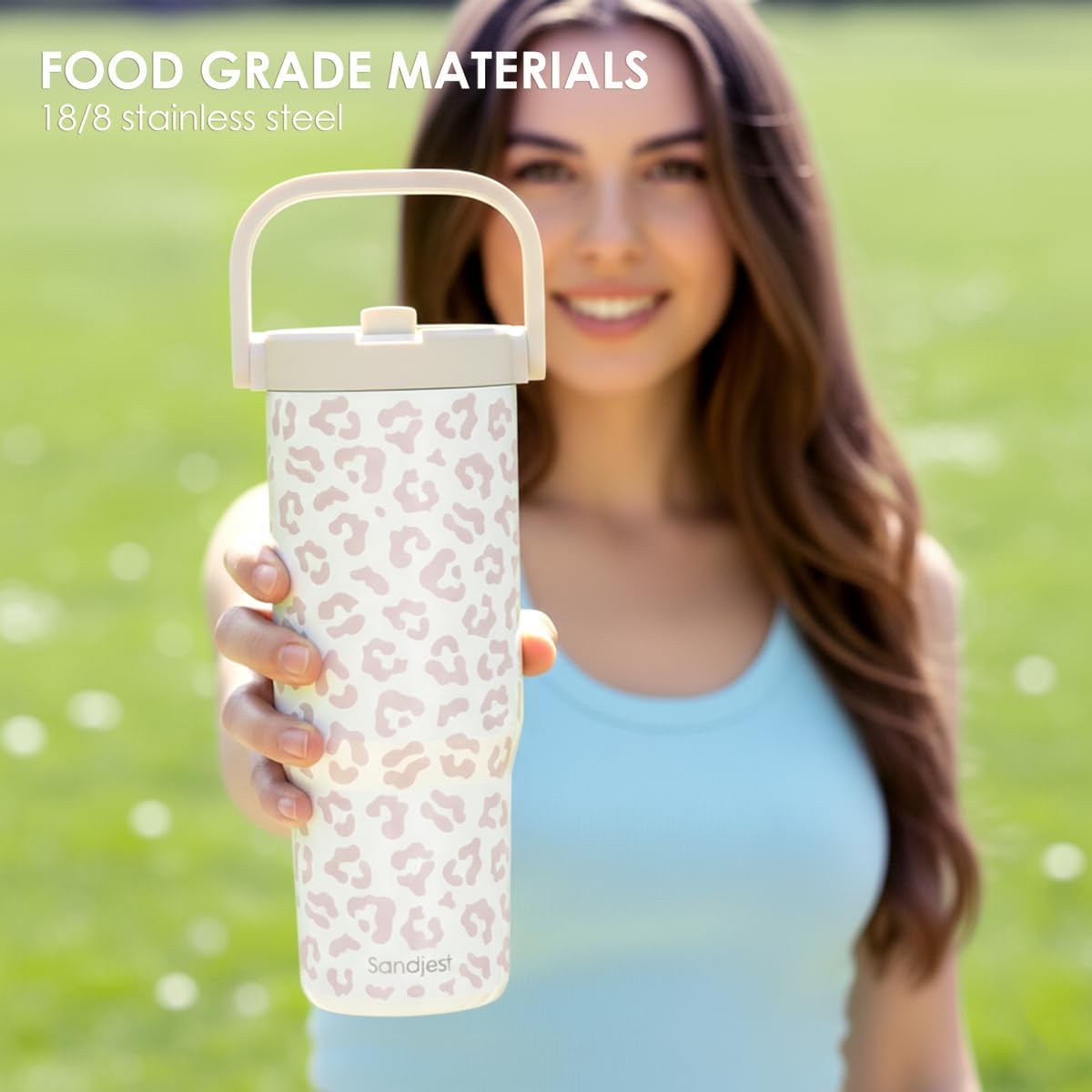 SANDJEST Leopard Skin Stainless Steel Straw Lid Tumbler 30oz with Carry Handle for Women Girls, Insulated Travel Coffee Cup, Gift for Sports Outdoor Workout Christmas Birthday (Beige)