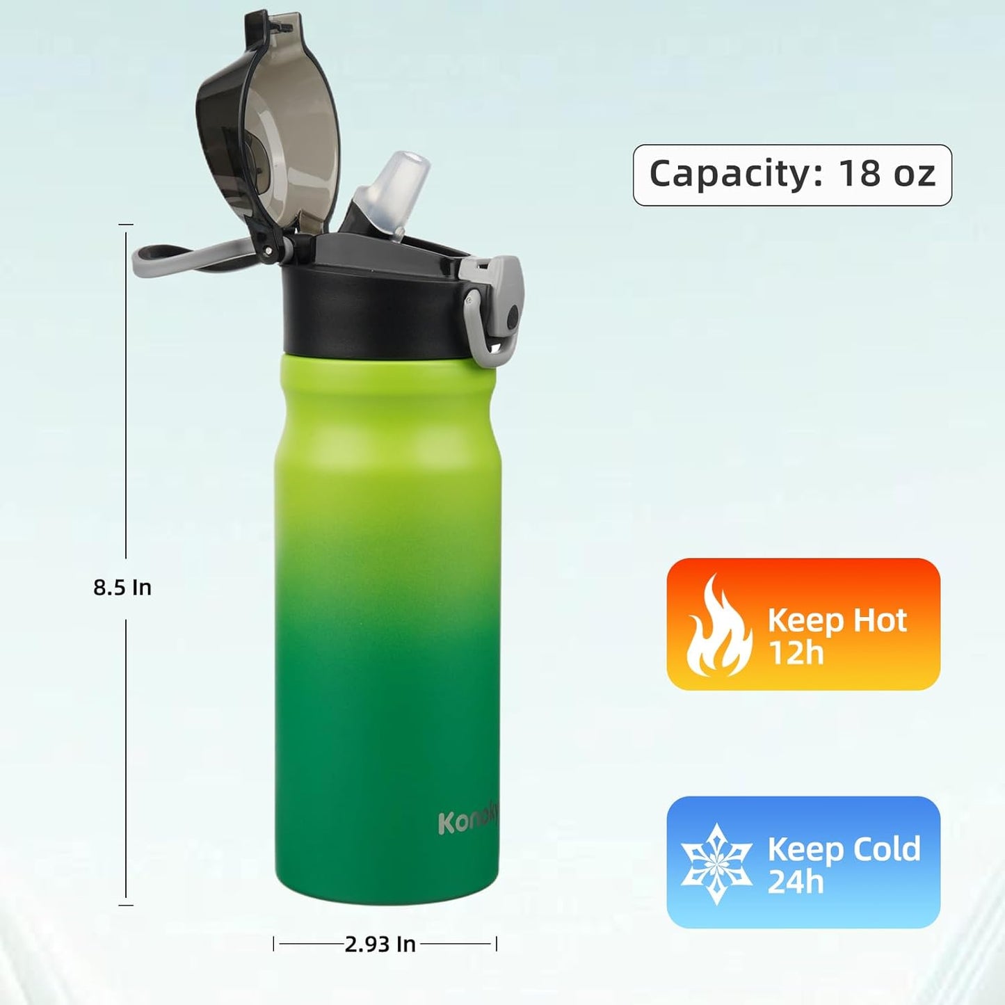 Konokyo 18 oz Insulated Water Bottle with Straw Lid, Stainless Steel Vacuum Sports Water Bottle, Leak-Proof Reusable Metal Flask with Carry Loop, BPA-Free Travel Bottle for Gym, School, Office