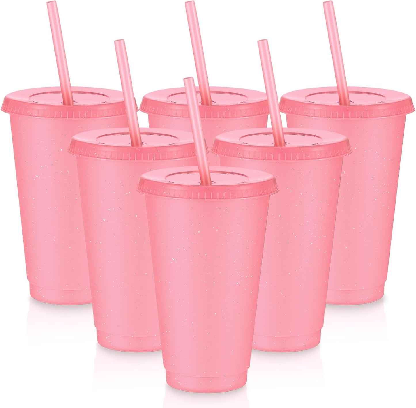 Uiifan 6 Pcs 24 oz Reusable Tumbler with Lids and Straws Plastic Iced Coffee Tumbler Glitter Travel Mug Cup for Smoothie Juices Birthday Party Cold Drink Coffee Cup Bulk for Adult Kid Women (Clear)