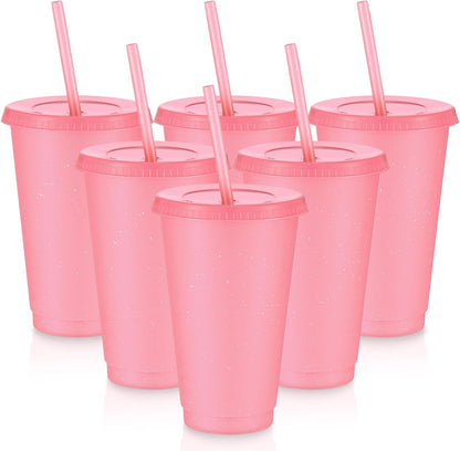 Uiifan 6 Pcs 24 oz Reusable Tumbler with Lids and Straws Plastic Iced Coffee Tumbler Glitter Travel Mug Cup for Smoothie Juices Birthday Party Cold Drink Coffee Cup Bulk for Adult Kid Women (Clear)