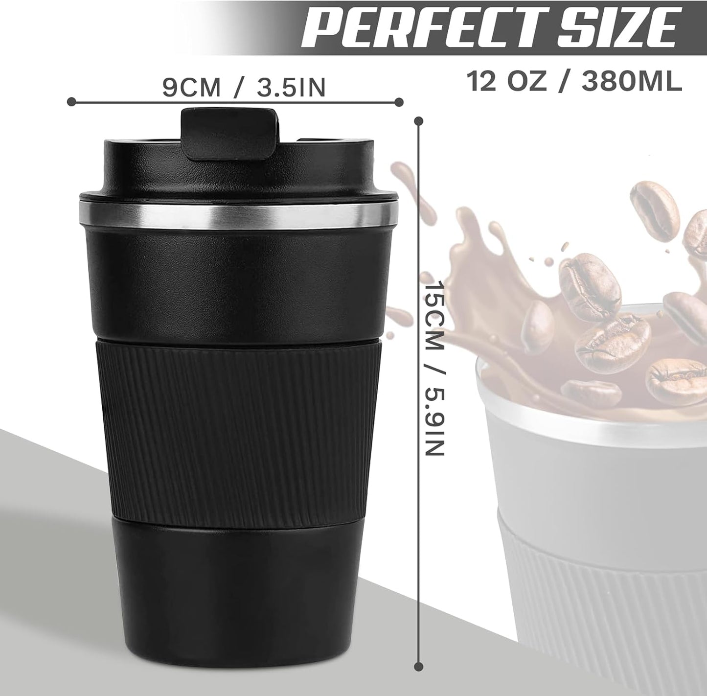 SPLMIFA Vacuum-Insulated Stainless Steel Travel Coffee Mug, Leak-Proof Reusable Coffee Cup with Lid - Keep Hot & Cold Drinks for Hours, Durable Insulated Tumbler for Men & Women(3rd-Black, 12OZ)