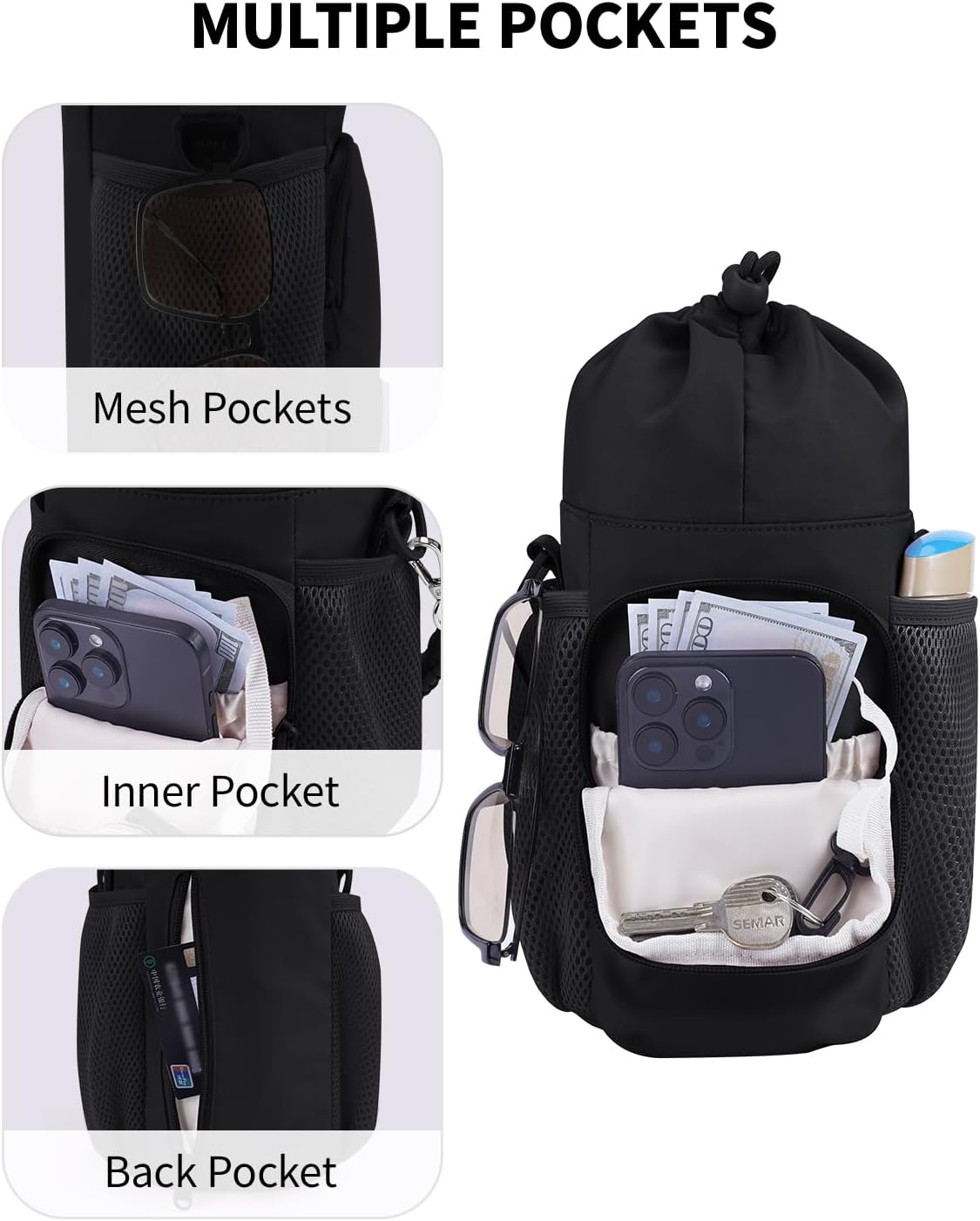 sportsnew Large Water Bottle Bag for 32/40/64oz Cup & Tumbler,Crossbody Insulated Cup Sleeve Bottle Holder Carrier with Strap