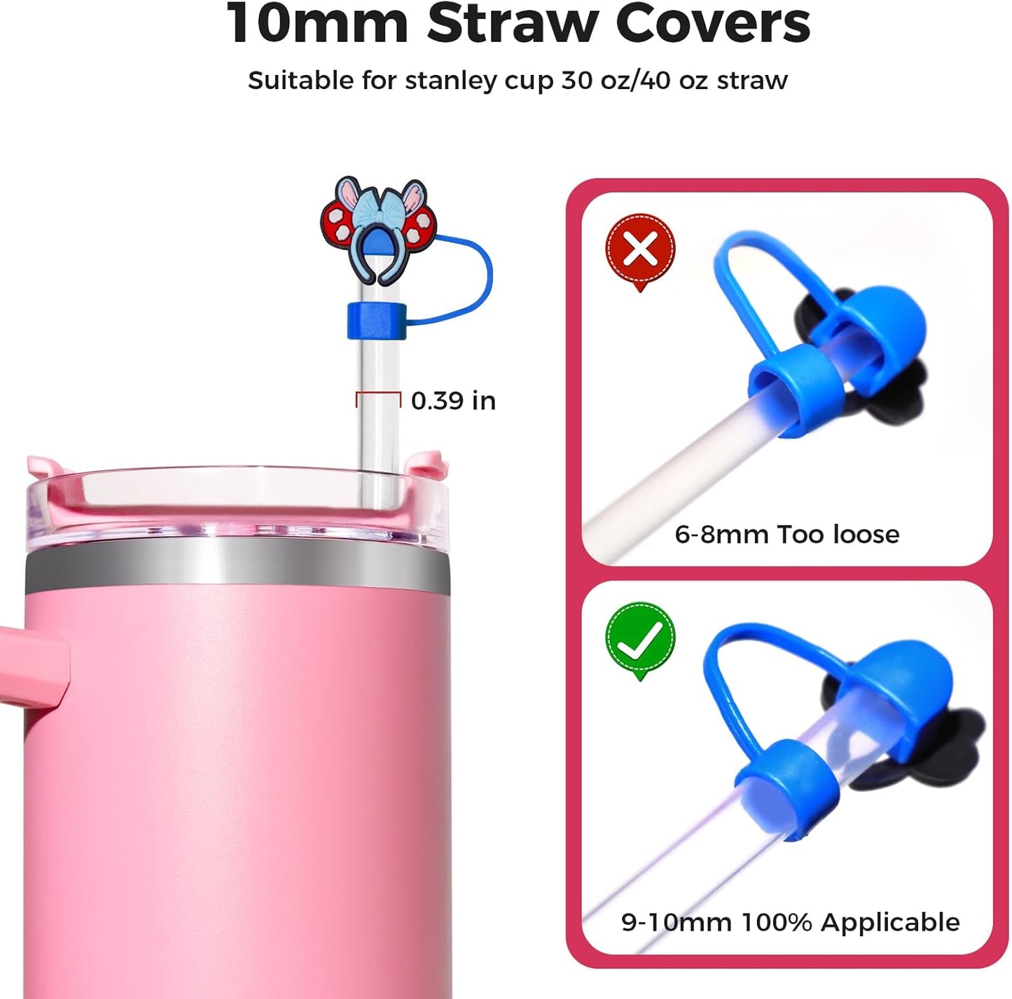 6PCS Pink Black Girl Straw Covers for Stanley Cup，Cute Silicone Straw Topper for 10mm Drinking Straw Tip Covers Stanley Cup Accessories