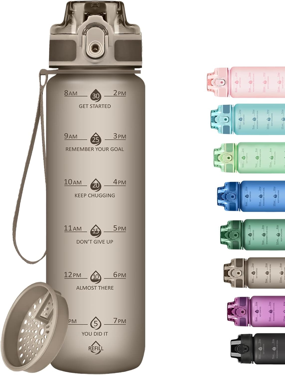 32oz Water Bottle with Time Marker, Motivational Drinking Bottle with Strap, BPA-Free Leak-Proof, Encouraging Water Bottle Time to Drink Water for Gym School Office Travel