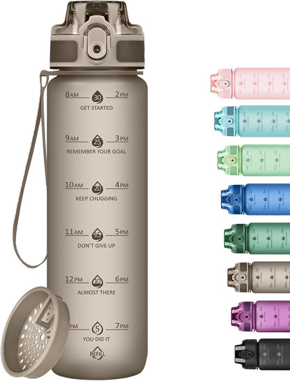 32oz Water Bottle with Time Marker, Motivational Drinking Bottle with Strap, BPA-Free Leak-Proof, Encouraging Water Bottle Time to Drink Water for Gym School Office Travel