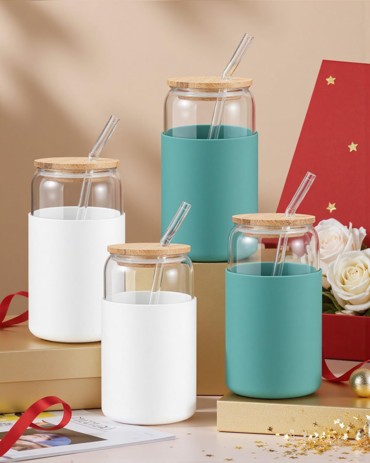 sungwoo 4PCS Glass Cups with Bamboo Lids and Straws, 16OZ Ice Coffee Cup, Drinking Cup set with Wooden Lids, Home Essential Glass Tumblers for Beer, Cocktail, Tea and Latte Clear
