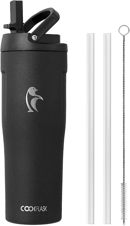 Coolflask Water Bottle 40 oz Fits Car Cup Holder, Slim Tumbler Stainless Steel with Straw & Handle, Vacuum Flask Leakproof Wide Mouth for Travel Sports Gym, Black