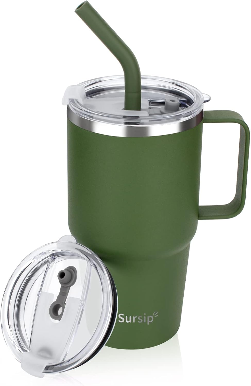 Sursip Insulated Coffee Mug with Handle and Lid, 24 oz Double Wall Vacuum Travel Thermal Coffee Tumbler with Straw for Home, Office Stainless Steel Coffee Cup - Leak proof, BPA Free (Black-1 Pack)
