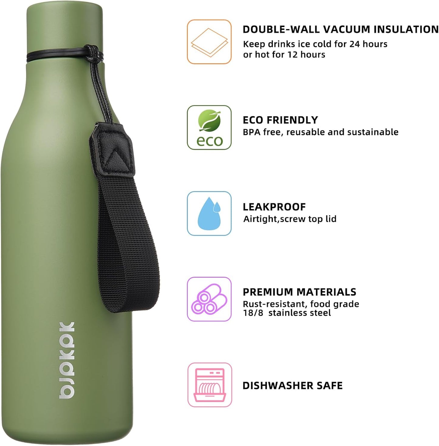 BJPKPK Insulated Water Bottles, 18 oz Stainless Steel Metal Water Bottle with Strap, BPA Free Leak Proof Jugs, Mugs, Flasks, Reusable Thermal Flasks for Sports & Travel, Black - Colors A