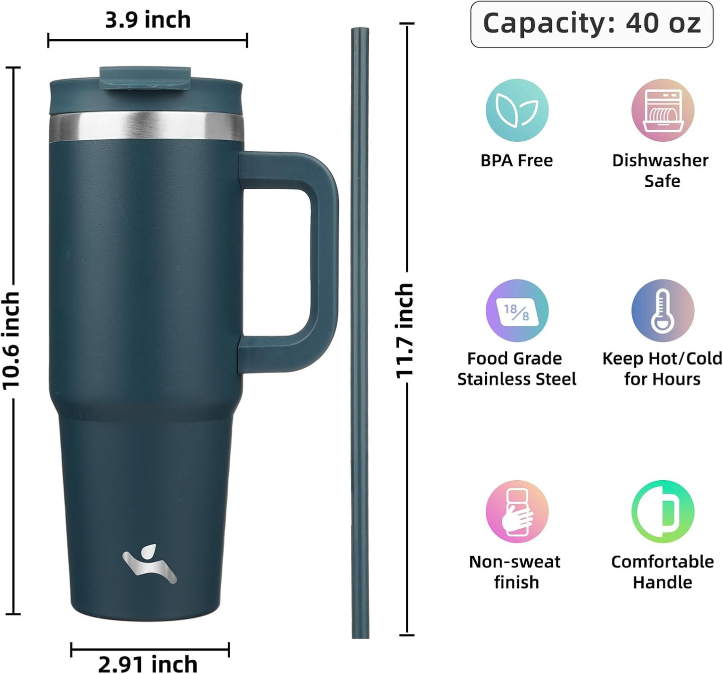 Konokyo 30 oz Tumbler with Handle and 2 Straws,2 in 1 Lid Insulated Water Bottle Stainless Steel Travel Coffee Mug,Sky