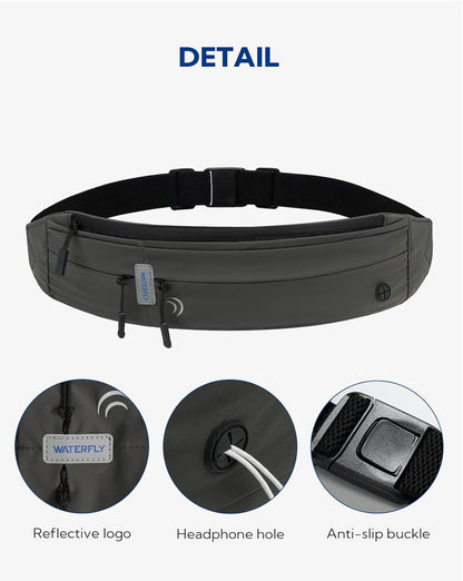 WATERFLY Running Belt Fanny Pack: Runner Marathon Jogging Waist Pack Sport Workout Exercise Fitness Phone Holder Belt for Men Women Jogger Slim Waist Bag Black