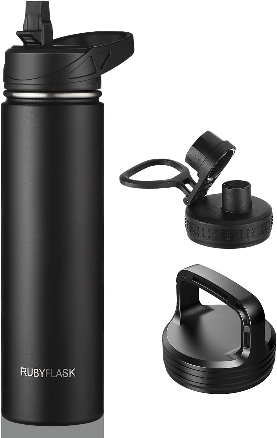 RUBYFLASK 32oz Insulated Water Bottle with Straw, Stainless Steel Metal Vacuum Water Flask, Large Thermal Water bottle with Leakproof 3 Lids for Travel, Camping, Gym Sports Indigo Black