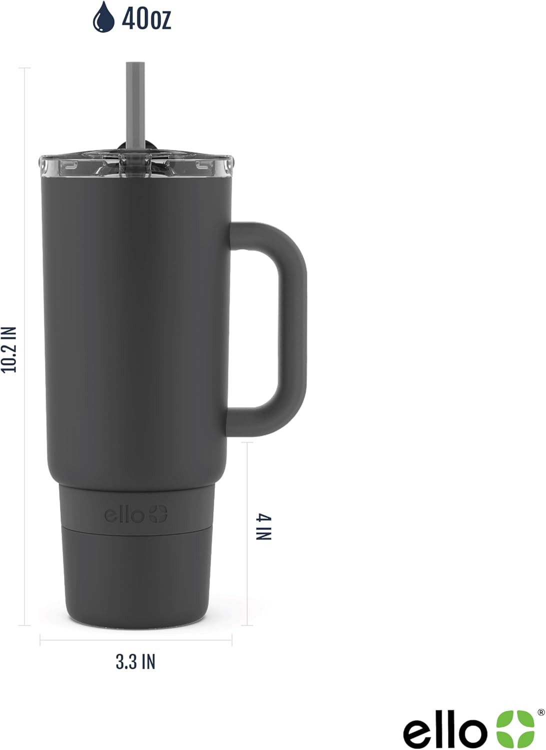 Ello Port 40oz Tumbler with Carry Loop & Integrated Handle, Vacuum Insulated Stainless Steel Reusable Water Bottle, Travel Mug with Leak Proof Lid & Straw, Perfect for Iced Coffee & Tea, White