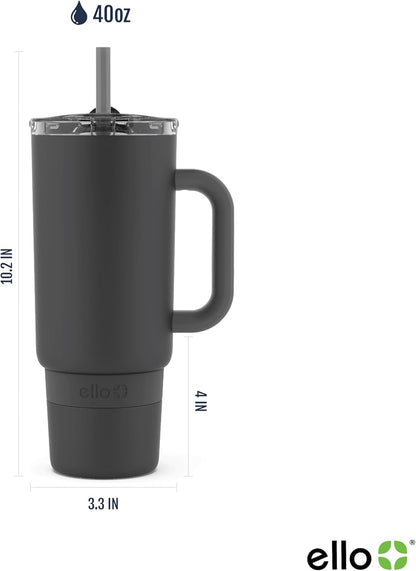 Ello Port 40oz Tumbler with Carry Loop & Integrated Handle, Vacuum Insulated Stainless Steel Reusable Water Bottle, Travel Mug with Leak Proof Lid & Straw, Perfect for Iced Coffee & Tea, White