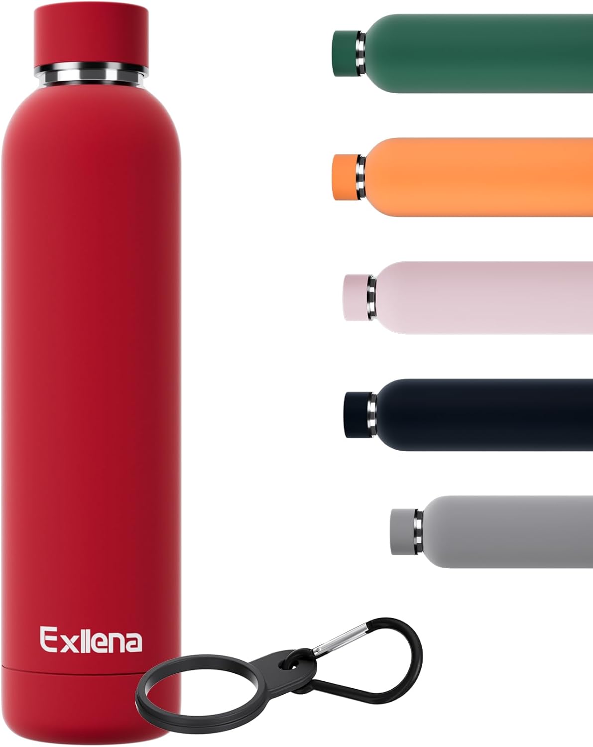 Exllena Slim Insulated Water Bottles for Travel 18oz with Clip, Double Wall Vacuum Stainless Steel Water Bottle Keeps Drinks Cold 24 Hrs/Hot 12 Hrs, 100% Leakproof, BPA Free(Black)