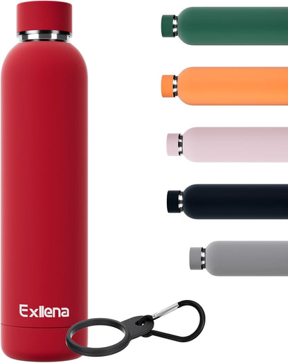 Exllena Slim Insulated Water Bottles for Travel 18oz with Clip, Double Wall Vacuum Stainless Steel Water Bottle Keeps Drinks Cold 24 Hrs/Hot 12 Hrs, 100% Leakproof, BPA Free(Black)