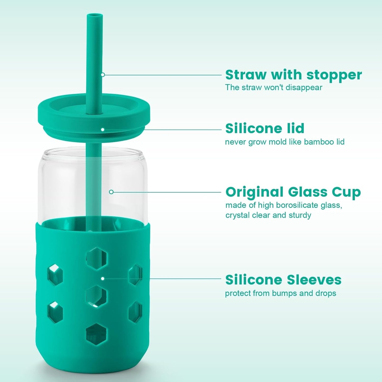 Mrsdry Glass Cups with Lids and Straws (4 Pcs), 16oz Drinking Glasses Set with Silicone Sleeves for Coffee Bar Accessories Iced Coffee Cups with Lids, Glass Tumbler Reusable for Gifts
