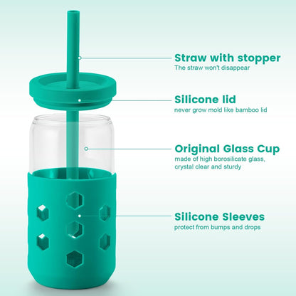 Mrsdry Glass Cups with Lids and Straws (4 Pcs), 16oz Drinking Glasses Set with Silicone Sleeves for Coffee Bar Accessories Iced Coffee Cups with Lids, Glass Tumbler Reusable for Gifts