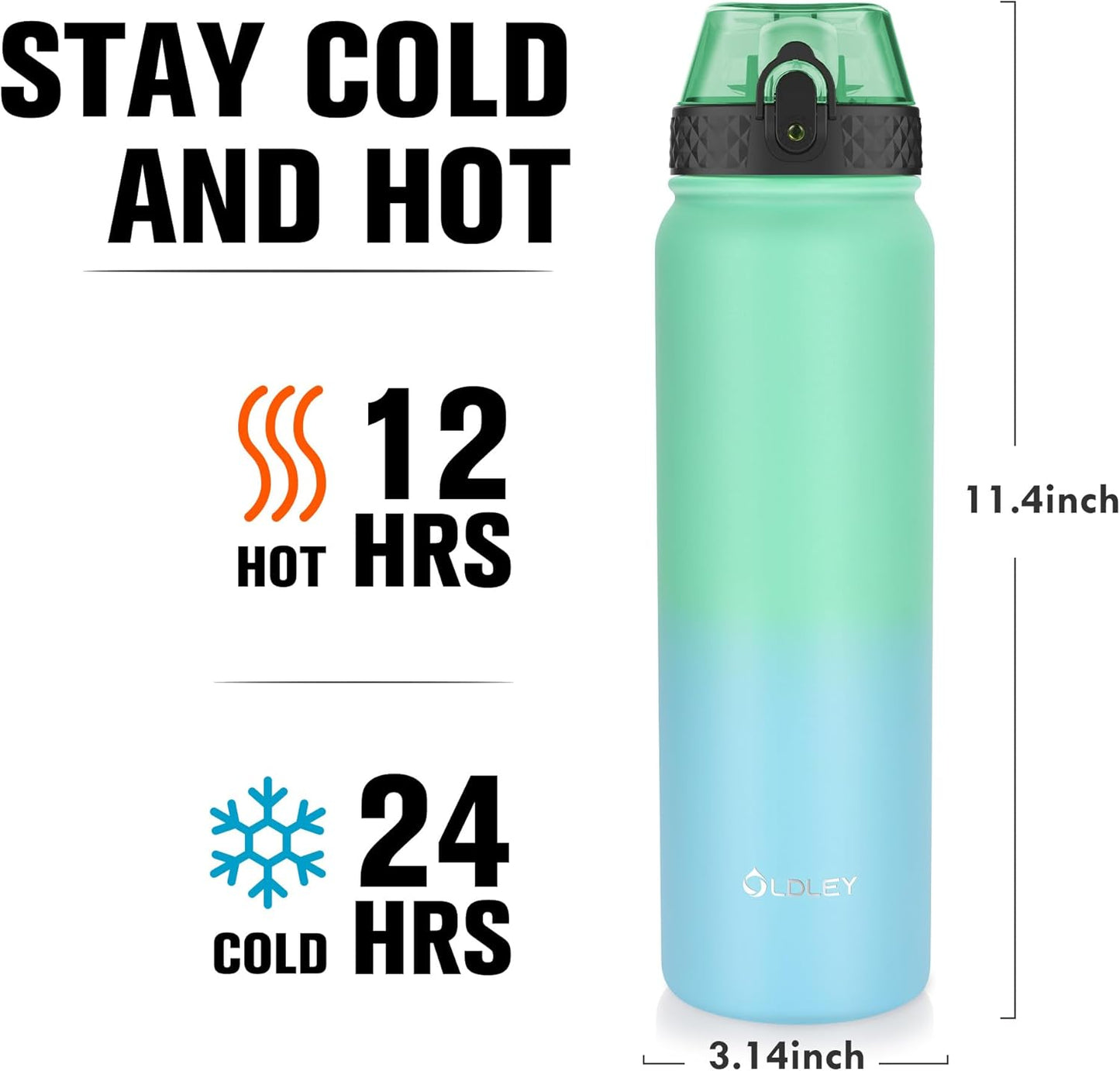 Oldley Insulated Water Bottle 20oz for Adults Kids Stainless Steel Water Bottles with Straw/Chug/Carabiner 3 Lids Fruit Strainer Double Wall Vacuum Wide Mouth BPA Free Leak-Proof for School Travel