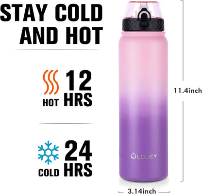 Oldley Insulated Water Bottle 20oz for Adults Kids Stainless Steel Water Bottles with Straw/Chug/Carabiner 3 Lids Fruit Strainer Double Wall Vacuum Wide Mouth BPA Free Leak-Proof for School Travel