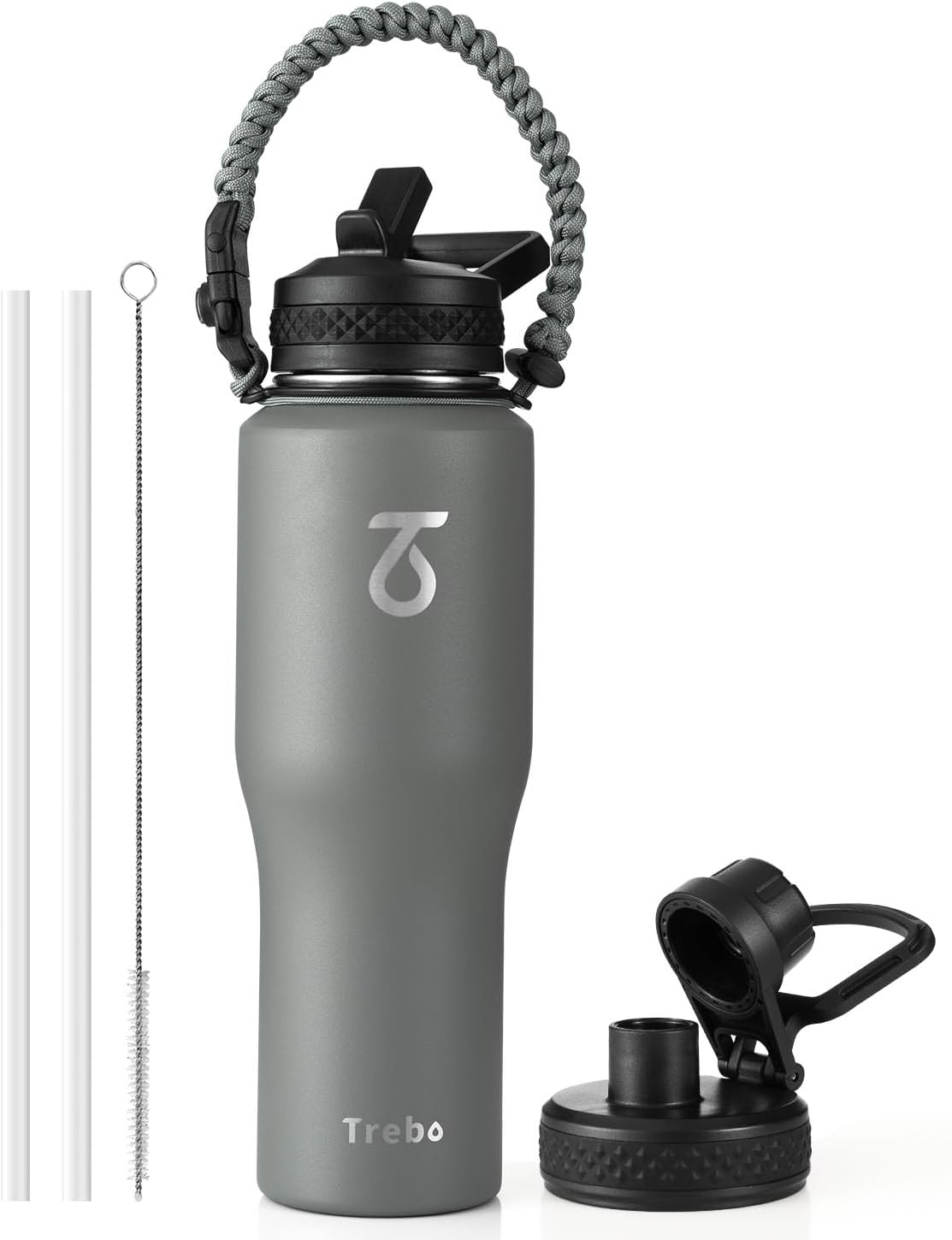 Trebo 40 oz Water Bottle Insulated Fit Car Cup Holder with Handle, Stainless Steel Water Bottles Tumbler with Spout Straw Lids, Double Wall Travel Reusable Flask, Leakproof Mug,Keep Cold &Hot,Black
