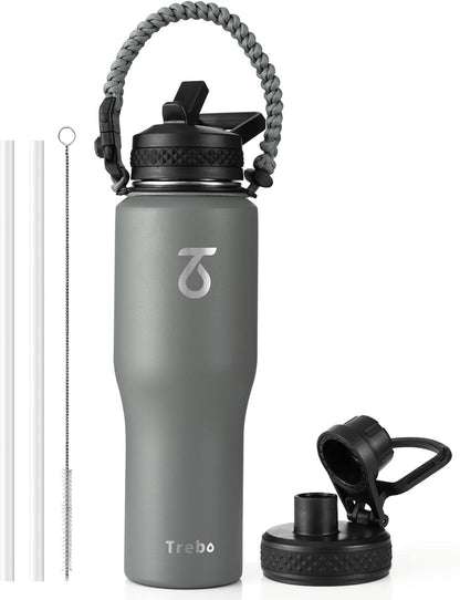 Trebo 40 oz Water Bottle Insulated Fit Car Cup Holder with Handle, Stainless Steel Water Bottles Tumbler with Spout Straw Lids, Double Wall Travel Reusable Flask, Leakproof Mug,Keep Cold &Hot,Black