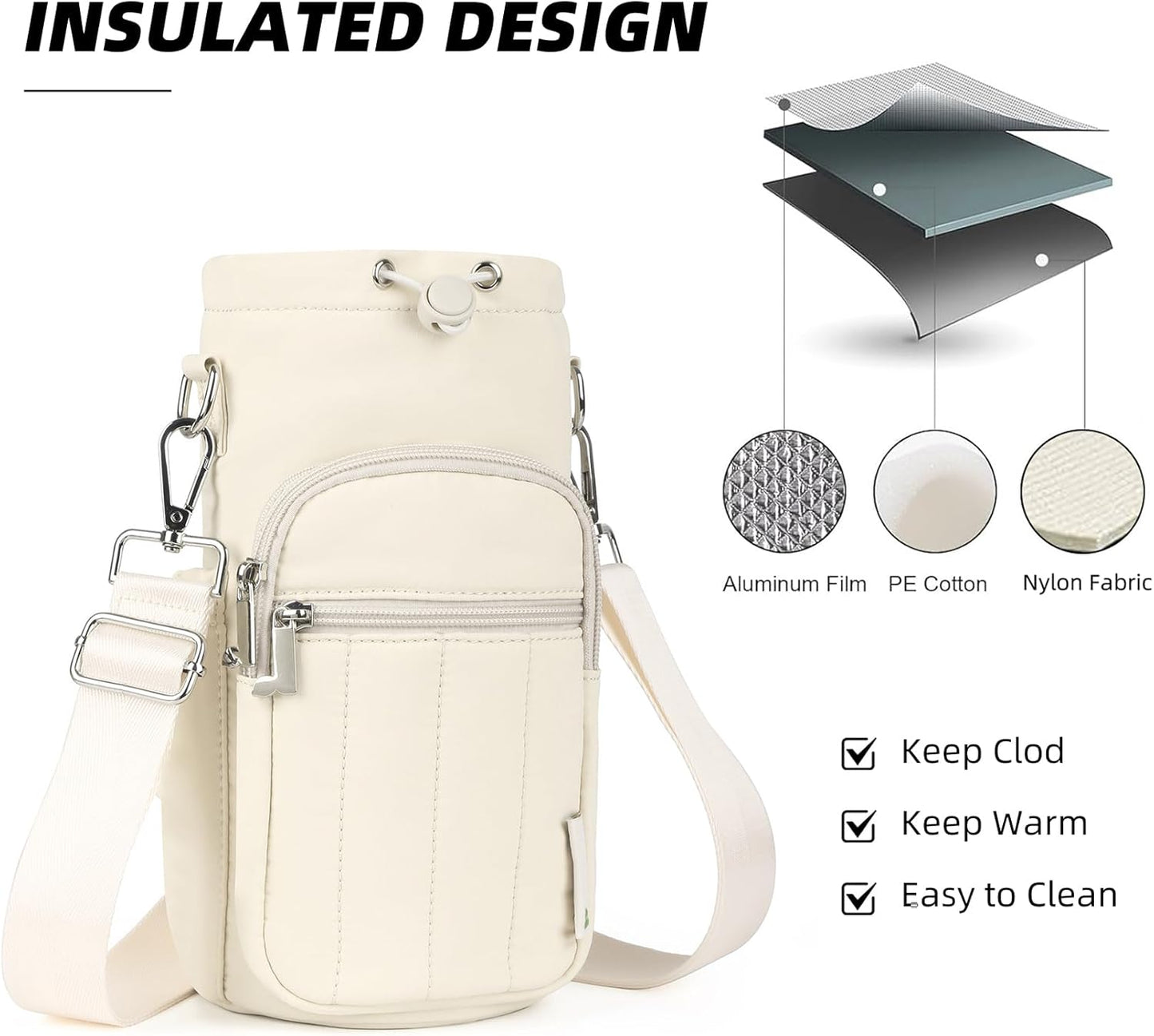 Rueesh Water Bottle Holder Bag with Adjustable Strap, Insulated Bottle Carrier Bag RFID Crossbody Sling Bag for Gym Walking