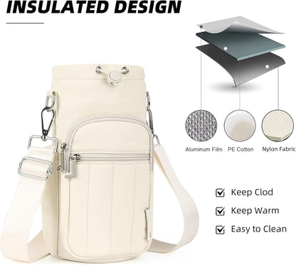 Rueesh Water Bottle Holder Bag with Adjustable Strap, Insulated Bottle Carrier Bag RFID Crossbody Sling Bag for Gym Walking
