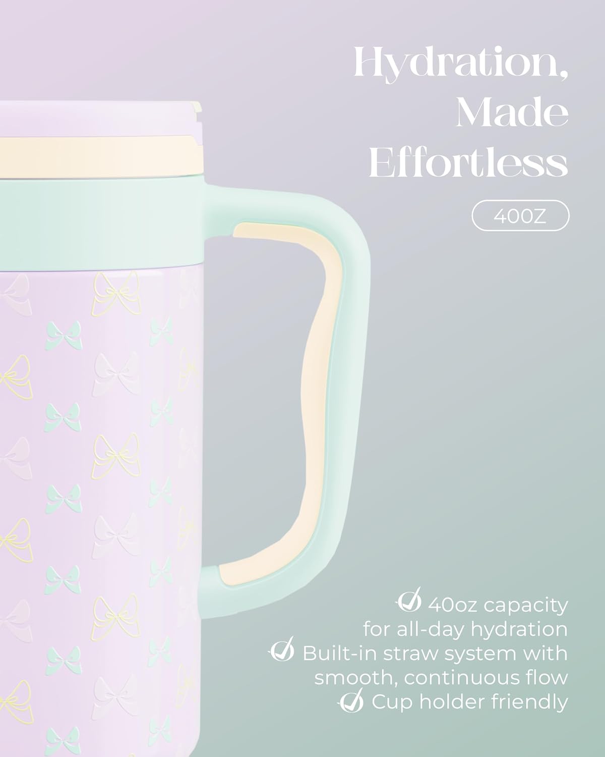 40 oz Insulated Tumbler with Handle and Push-Button Straw Lid, Stainless Steel Travel Cup for Gym Office, Leakproof, BPA-Free, Cup Holder Friendly, Bow Silicone Boot, Purple (Light Lilac)