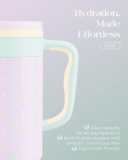 40 oz Insulated Tumbler with Handle and Push-Button Straw Lid, Stainless Steel Travel Cup for Gym Office, Leakproof, BPA-Free, Cup Holder Friendly, Bow Silicone Boot, Purple (Light Lilac)