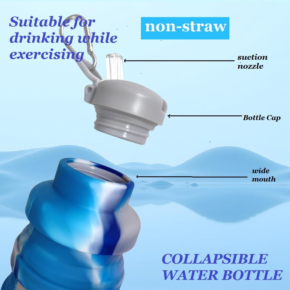 Collapsible water bottles 2 Pack with brush,BPA Free Travel Silicone Water Bottle with Carabiner,Reusable Foldable Portable Lightweight Sports bottles for Gym Camping Hiking (Black+Aqua blue)