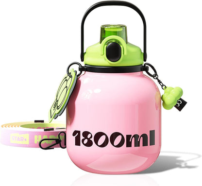 60 oz Big Gallon Water Bottle with Straw and Carry Handle, Black Wide Mouth Vacuum Water Jug, Insulated Stainless Steel Bottles; Heavy-Duty Aesthetic Yoga Flask for Women, Sweet & Cool Black