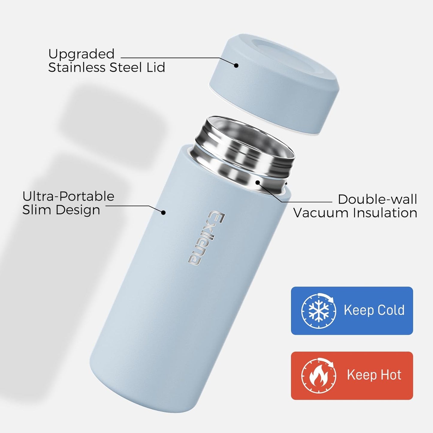 【Upgraded】Exllena Small Insulated Water Bottle 12 oz/350ml– Mini Insulated Water Bottle for Hot & Cold Drinks, Perfect Small Water Bottle for Travel, Purse...(Greyish Blue)