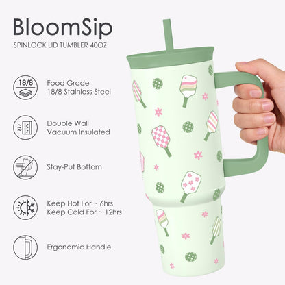 SANDJEST Pickleball Stainless Steel Locking Lid Silicone Straw Tumbler with Handle 40oz, Insulated Stainless Steel Travel Cup for Women Girls Friends Players, Gift Idea for Birthday Christmas