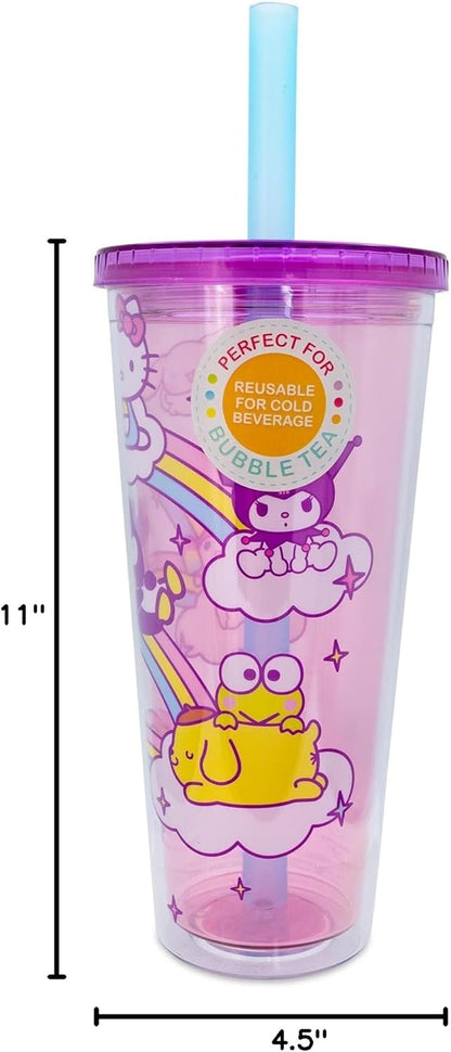 Silver Buffalo Sanrio Hello Kitty and Friends Plastic Boba Tumbler with Lid and Straw Featuring Hello Kitty, Cinnamorroll, Kuromi, My Melody, Badtz Maru, Keroppi, Chococat, and Pompompurin, 24 Ounces