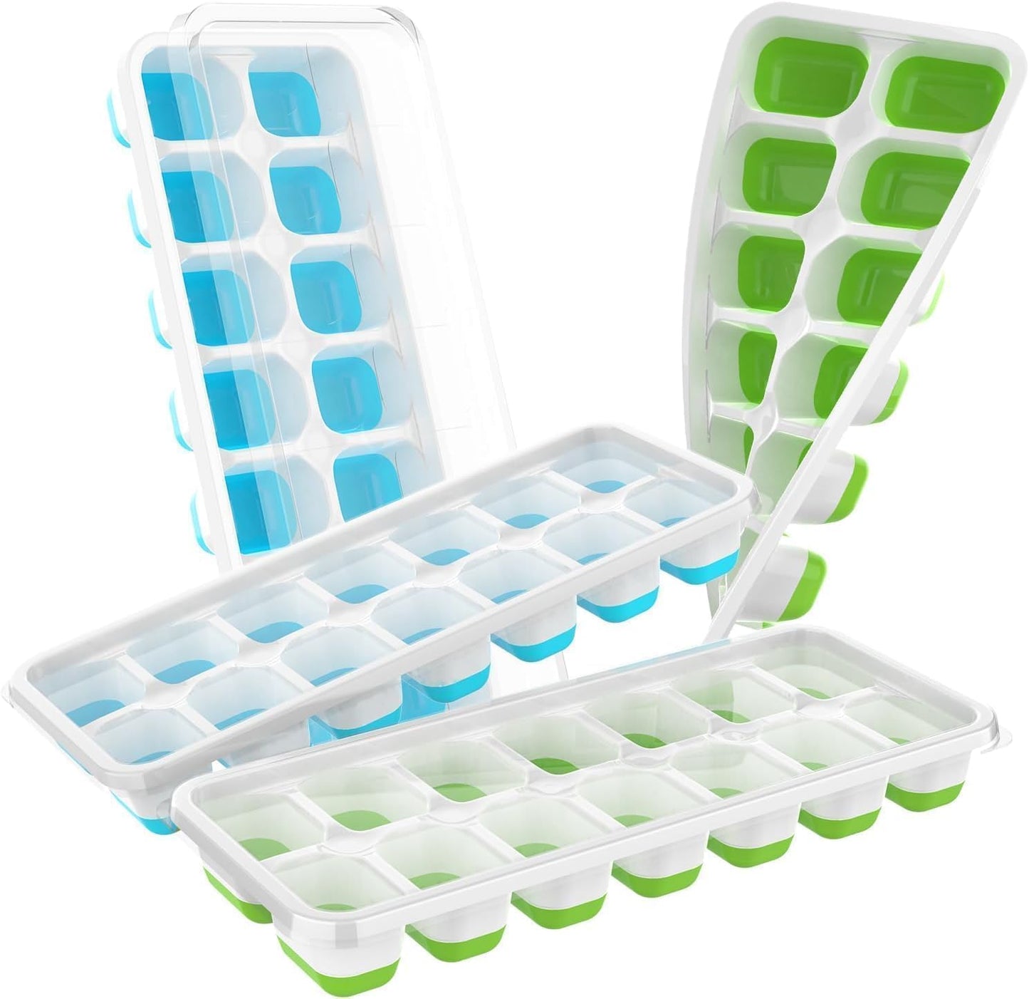 ChefAide 4‑Pack Ice Cube Trays with Lids, 56‑Cube Total Stackable Freezer Ice Trays, Durable Silicone & Plastic Easy‑Release Ice Molds for Cocktails, Coffee & Drinks